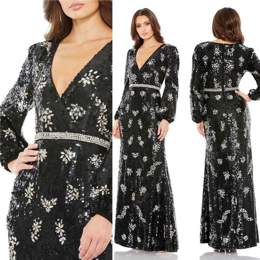 Mac Duggal NWT Embellished Wrap Over Bishop Sleeve Gown Black Sequin size 14